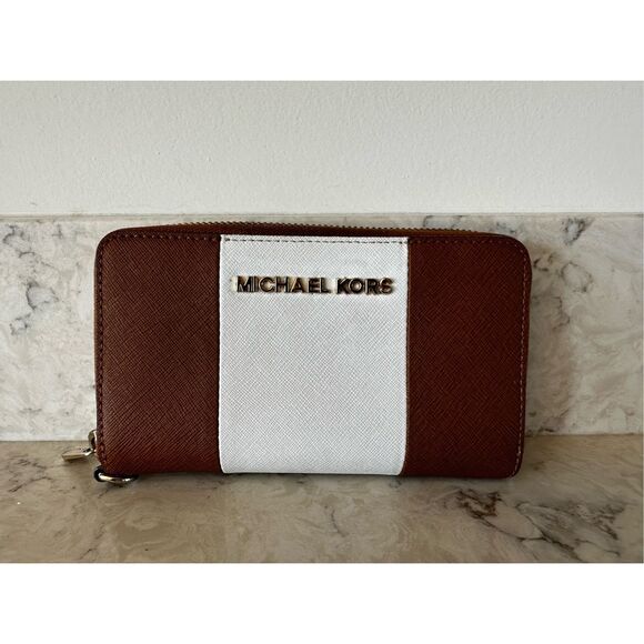 Michael Kors Womens Jet Set Travel ZA Continental Wallet, Luggage/Brown/White - Picture 1 of 6